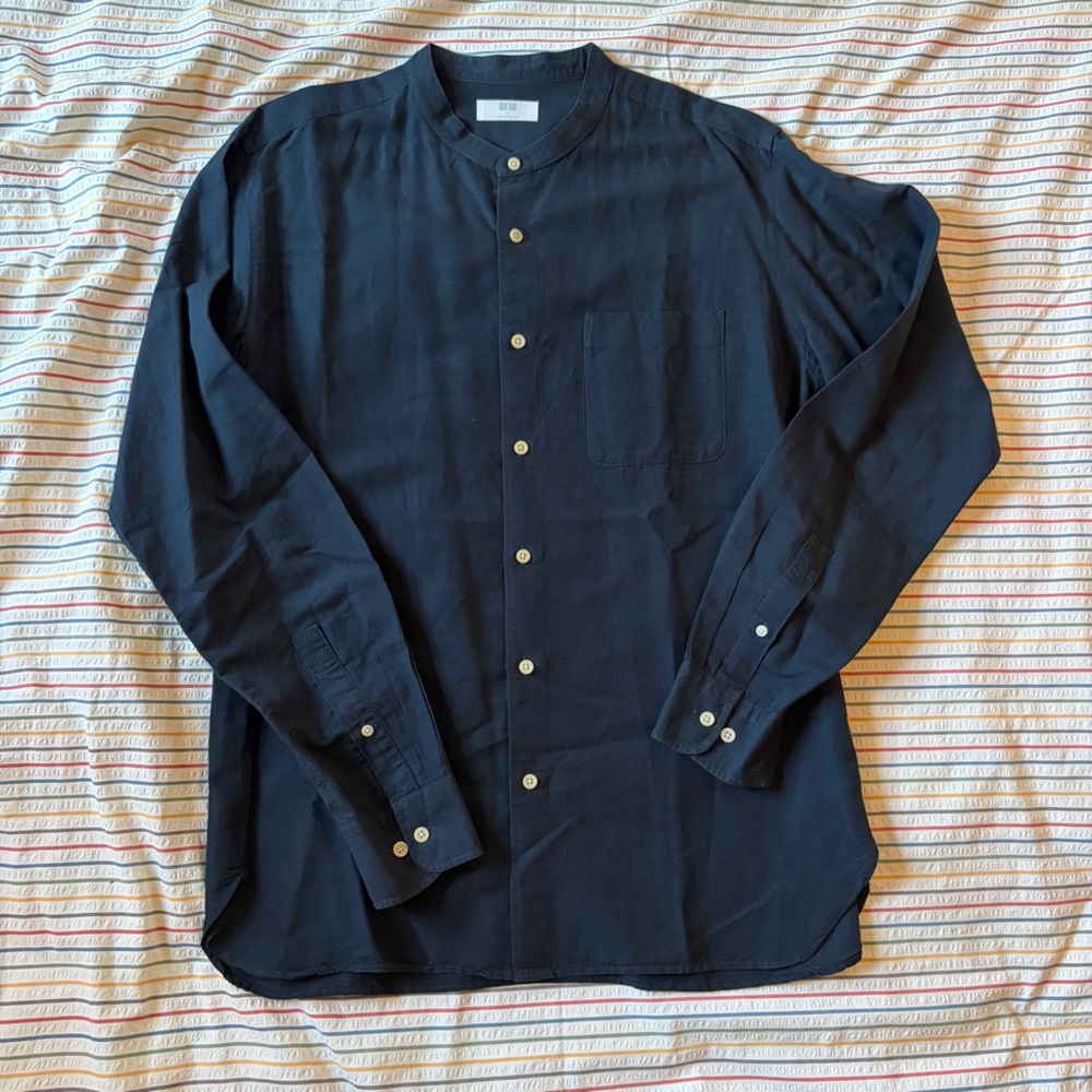 Uniqlo Linen Cotton Band Collar Men's Dress Shirt, Navy, Men's Large